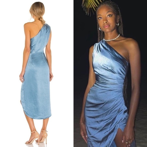 *NWT ELLIATT 70s Satin Sleeveless 1 Shoulder Ruched Faux Wrap Asymmetric Dress M - Picture 8 of 16